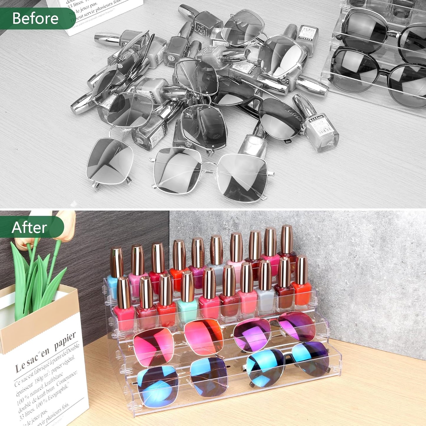 Sunglass Organizer Easy Snap-on Assembly, Acrylic Sticker Display Stand for Vendors, Nail Polish Holder Nail Desk Essential Oil Lipstick Storage,Clear Sunglasses Perfume Organizer (4 Layers)