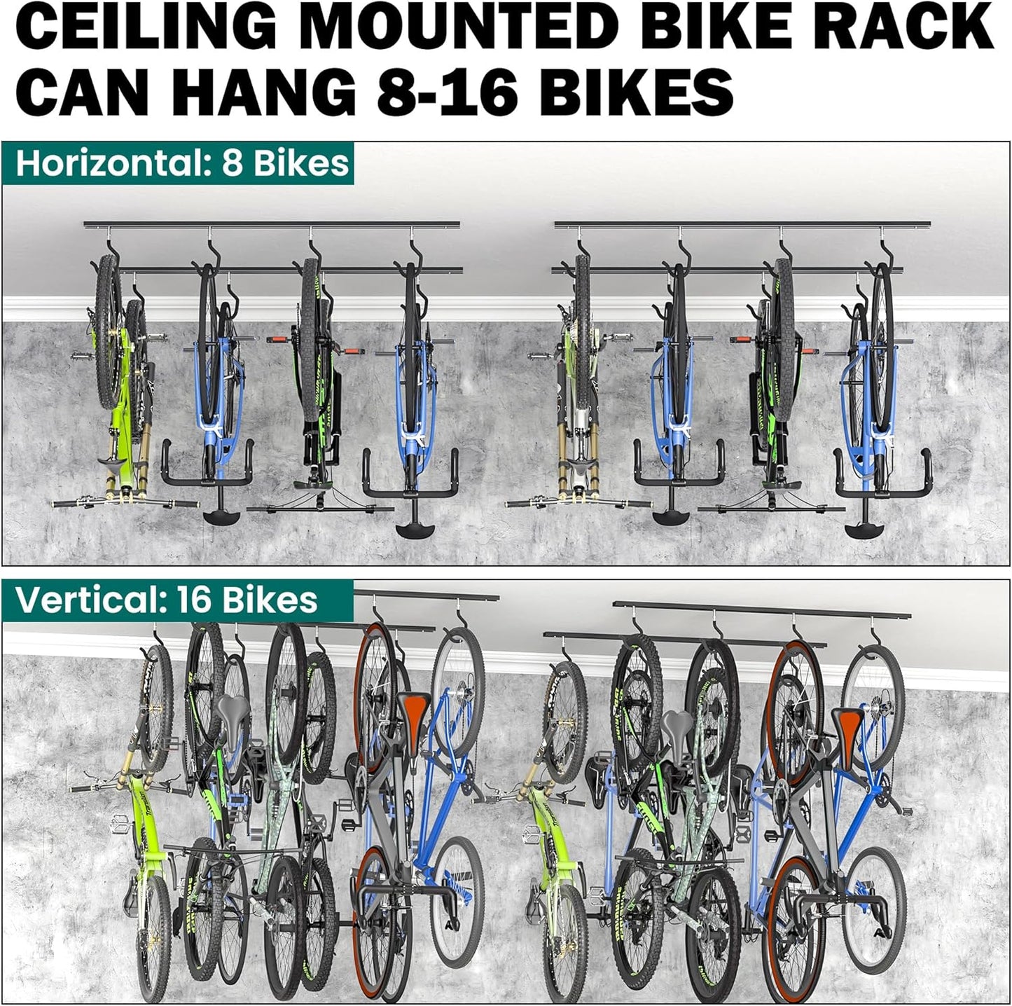 EVERHANGER Ceiling Bike Storage Racks for Garage, Indoor Bike Storage Hanger with Adjustable Bike Hooks for 8 to 16 Bikes