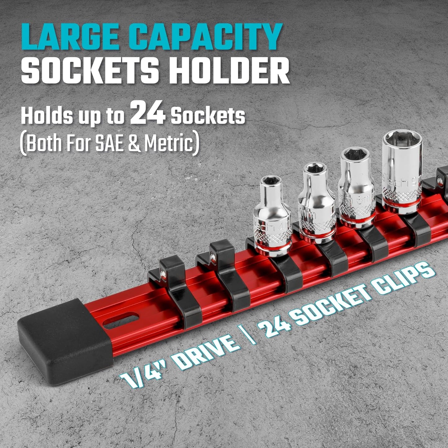 DURATECH Socket Organizer, 1/4-Inch Aluminum Alloy Socket Holder, Heavy Duty Socket Rail Hold 24 Sockets