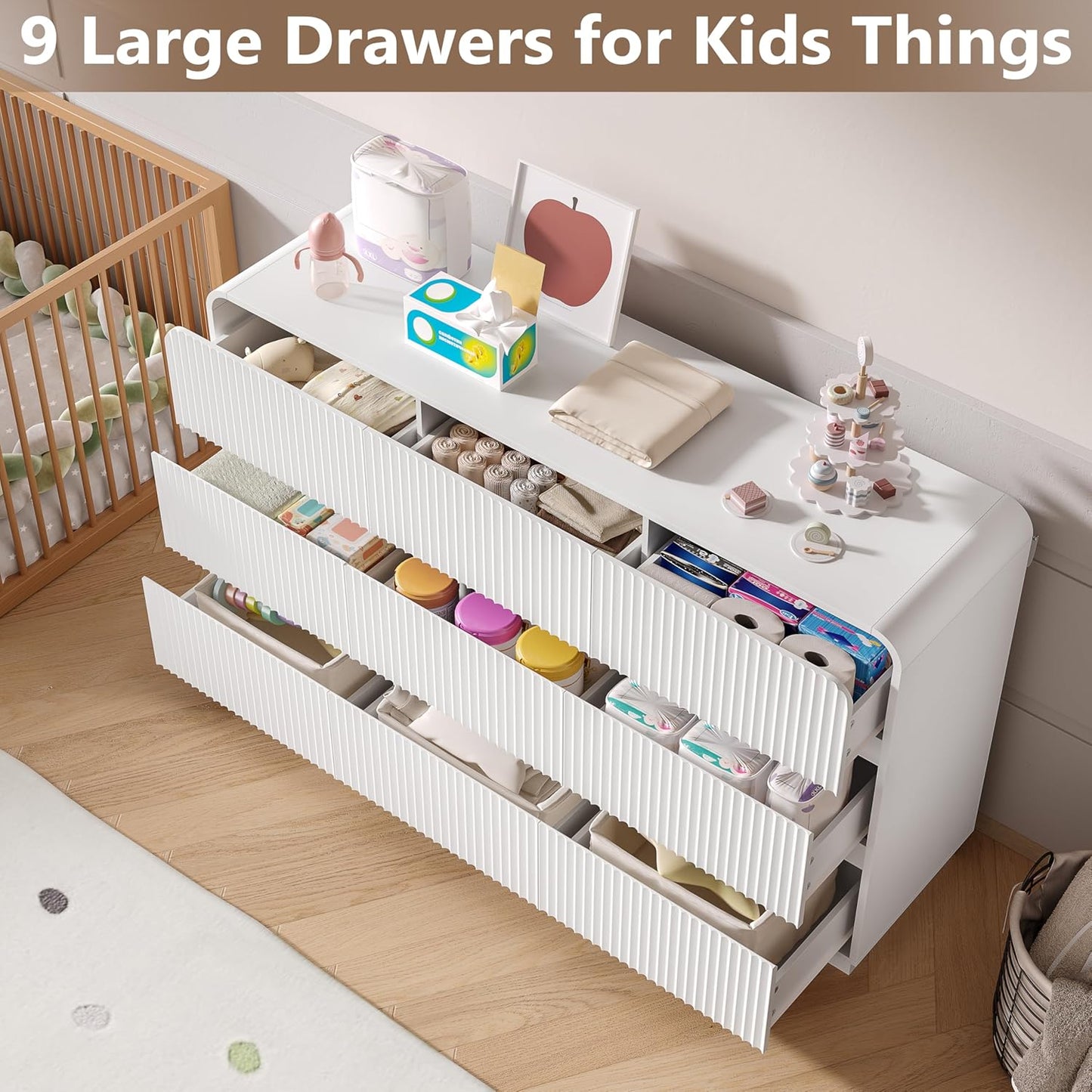 Dresser for Bedroom with 9 Drawers, Fluted Chest of Drawers with Round Curved Corner, Hidden Handles, Modern Wood Storage Organizer for Bedroom, Nursery, Living Room