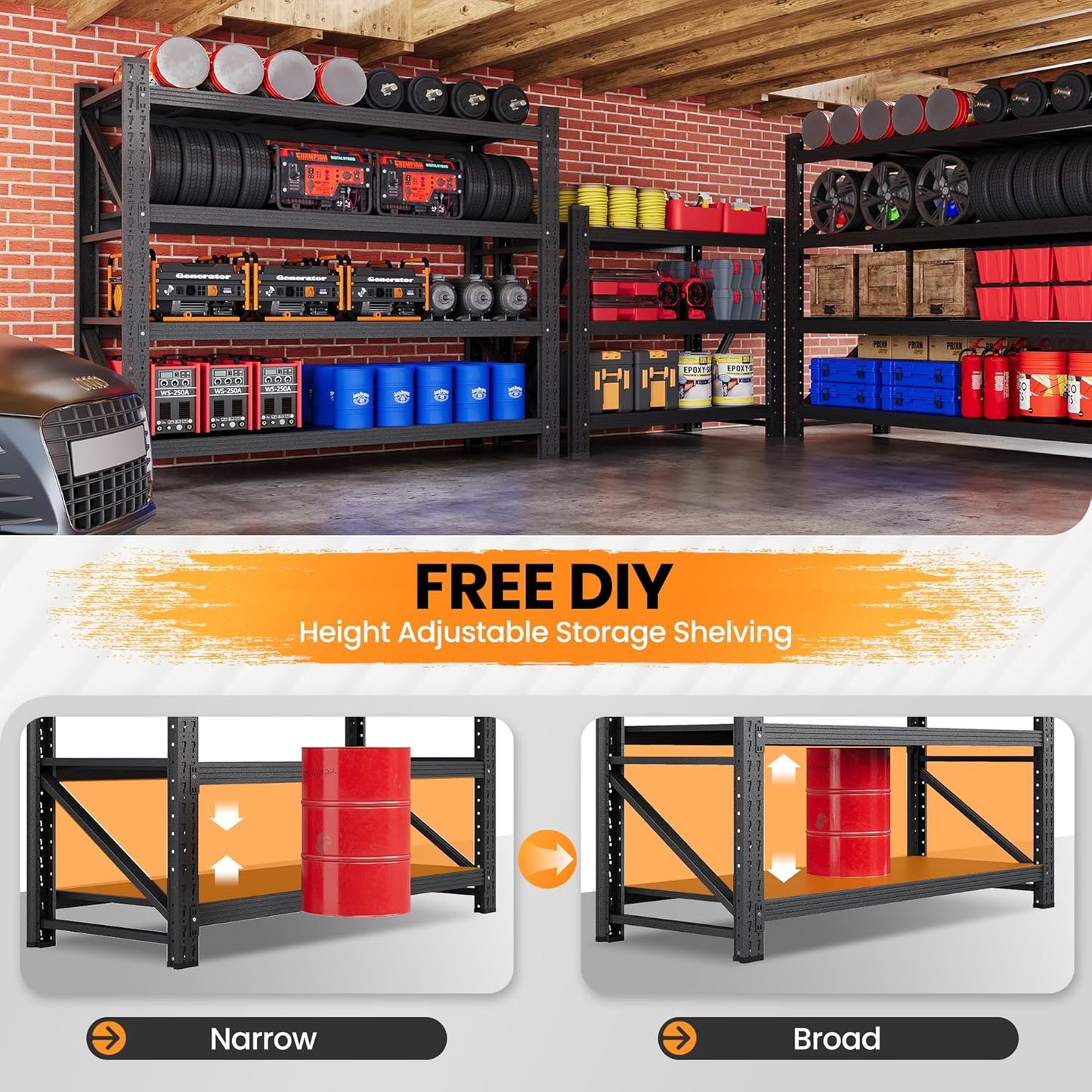48" W Metal Storage Shelves Heavy Duty, 3000LBS Garage Shelving Units, 4 Tier Tall Metal Shelving, 24" Deep Steel Shelf Rack , Adjustable Utility Standing Shelf for Warehouse/Shop 48"W x 24"D x 70"H