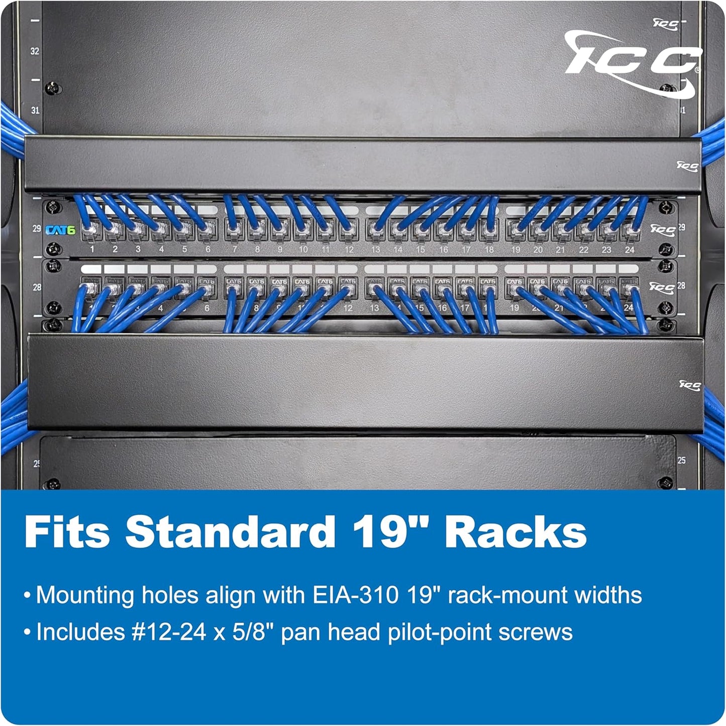 ICC 2U Ring Cable Manager Panel with Cover, Metal, 3" D-Rings, Horizontal Cable Management, Rackmount for 19” Network Racks, Black, Single Pack