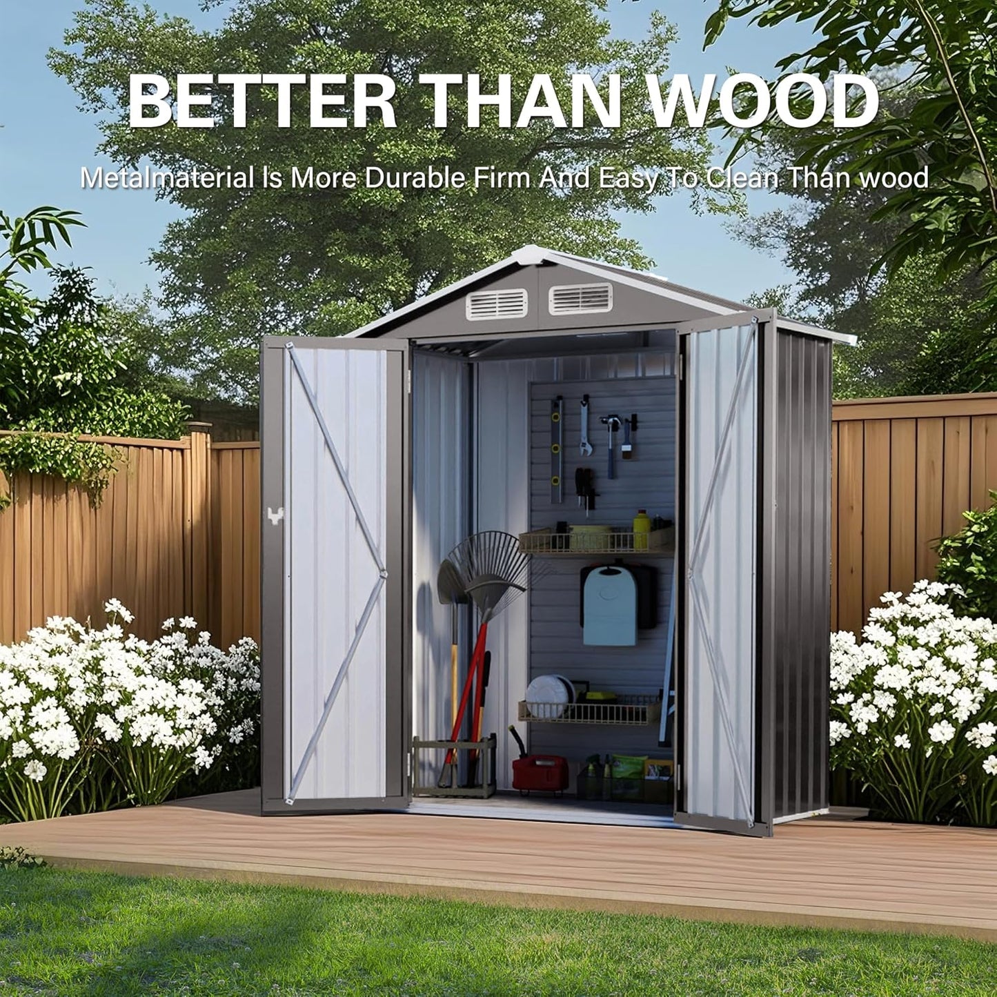 5x3 FT Outdoor Storage Shed, Metal Shed with with Peaked Roof, Lockable Door, All-Weather Lean to Resin Shed for Garden, Backyard, Patio, Lawn (Gray)