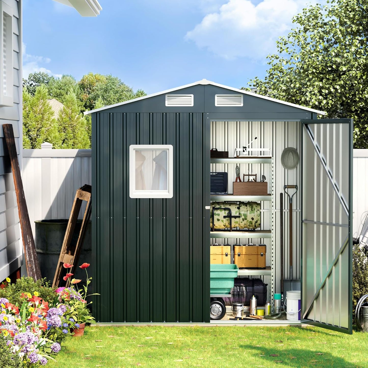 Breezz 6x4FT Metal Storage Shed with Floor Frame & Lockable Doors, Outdoor Steel Garden Shed with Clear Window, Weatherproof Tool Storage for Patio, Yard, and Backyard, Nightblue