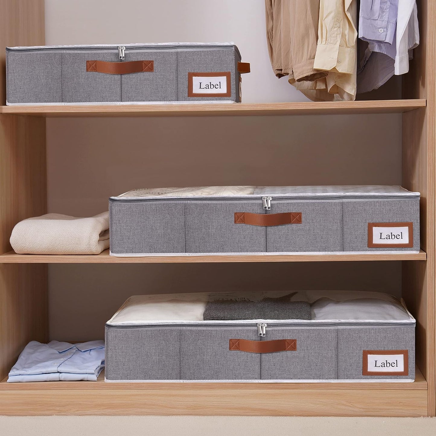Yawinhe Under Bed Storage, 2 Pack Closet Organizers, Collapsible Container Bags, with Sorting Card Slot and 4 Leather Handles, for Blanket, Bedding, 23.6''Lx11.8''Wx6''H, Grey