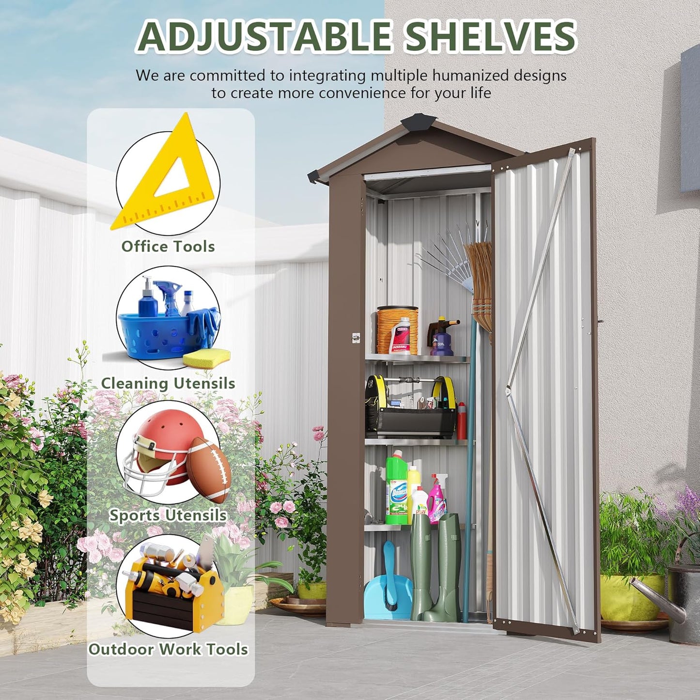 2.5x1.4 FT Mini Outdoor Storage Shed, Plastic Shed with Floor, Lockable Door, Adjustable Shelves & Sloping Roof, All-Weather Resin Shed for Garden, Backyard, Patio, Lawn (Brown)