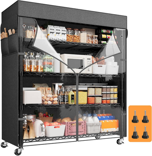 REIBII 72.8" H Storage Shelves with Cover & Wheels, Wire Shelving Heavy Duty Metal Shelving for Pantry Garage Kitchen Commercial Industrail, Storage Rack Shelf Shelving, 35" W*16" D*72.8" H