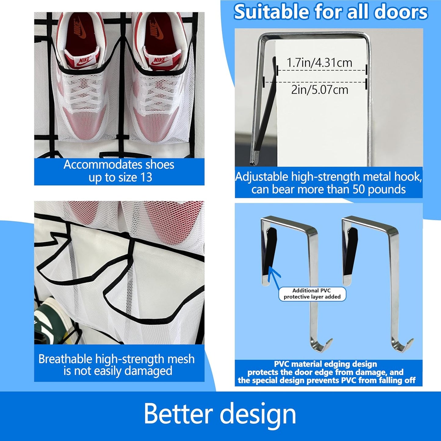 over the door shoe organizer,2025 upgraded,shoe organizer,35 Huge pockets,over door shoe organizer,Store size 13 shoes,shoe organizer,Strong material,hooks Suitable for various doors,White/black