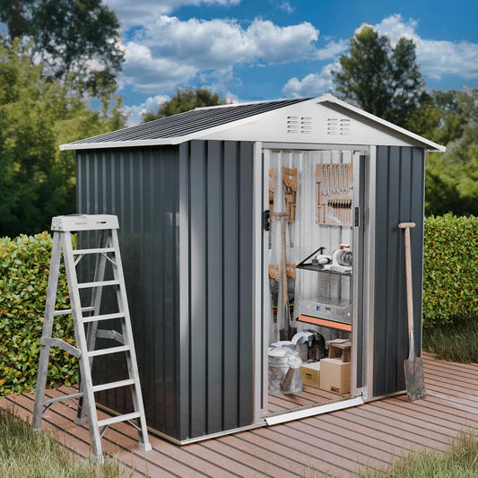 6FT x 4FT Outdoor Sheds Storage Anti-Corrosion Utility Tool House with Lockable Door & Shutter Vents Outdoor Waterproof Garden Tool Metal Storage Sheds（with Metal Foundation）