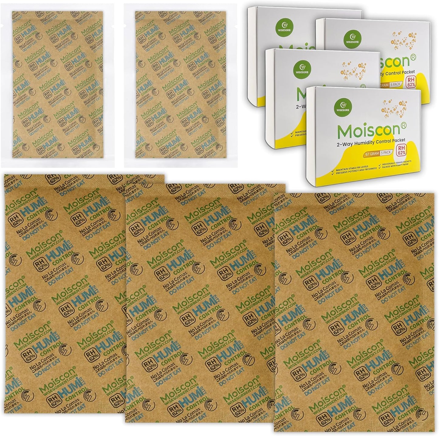 62% Two-Way Humidity Control Packs, 67 Gram 20 Pack for Storing 1 lb, Size 67 Moisture Control Packets Individually Wrapped, Humidifier Packs for Storage Containers