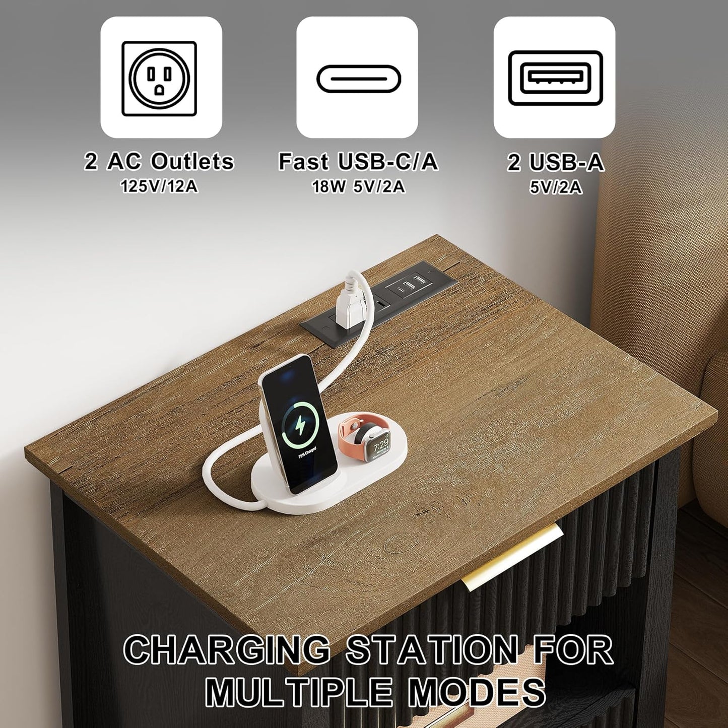 HIFYOBRO Fluted Nightstands with Charging Station & Motion Sensor Light, Modern Bedside Tables with 2 Drawers and Storage Shelf for Bedroom, Black