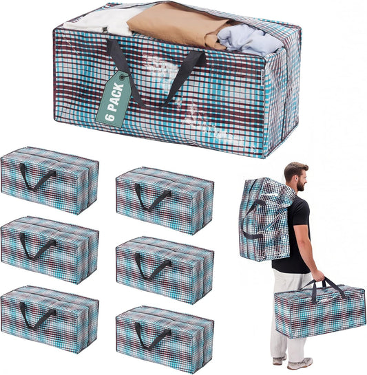 WORKPRO 6 Pack Extra Large Moving Bags with Zippers & Carrying Handles Backpack Straps, Heavy-Duty Storage Tote for Space Saving & Storage, Alternative to Moving Box (Lattice Printing)