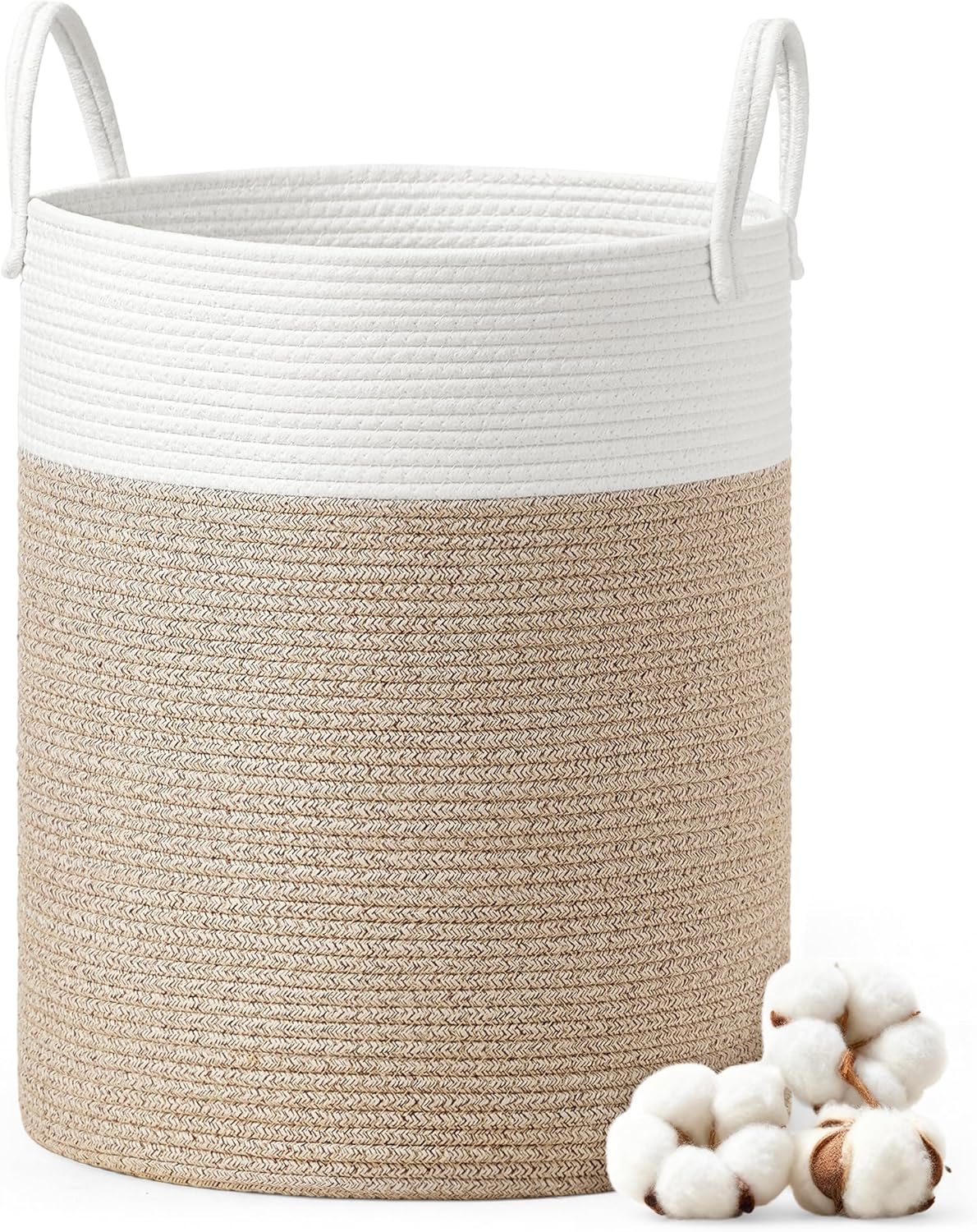 SONGMICS Laundry Hamper, Cotton Rope Laundry Basket with Handles, for Children, Toys, Clothing, Living Room, Bedroom, 15.8 Gallons, 13.8 x 13.8 x 19.7 Inches, White and Grayish Brown URLH061LZ01