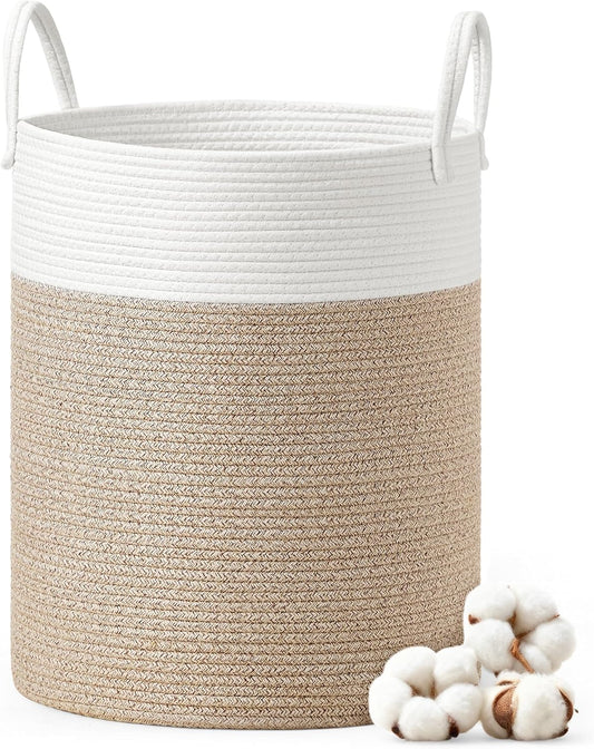 SONGMICS Laundry Hamper, Cotton Rope Laundry Basket with Handles, for Children, Toys, Clothing, Living Room, Bedroom, 15.8 Gallons, 13.8 x 13.8 x 19.7 Inches, White and Grayish Brown URLH061LZ01