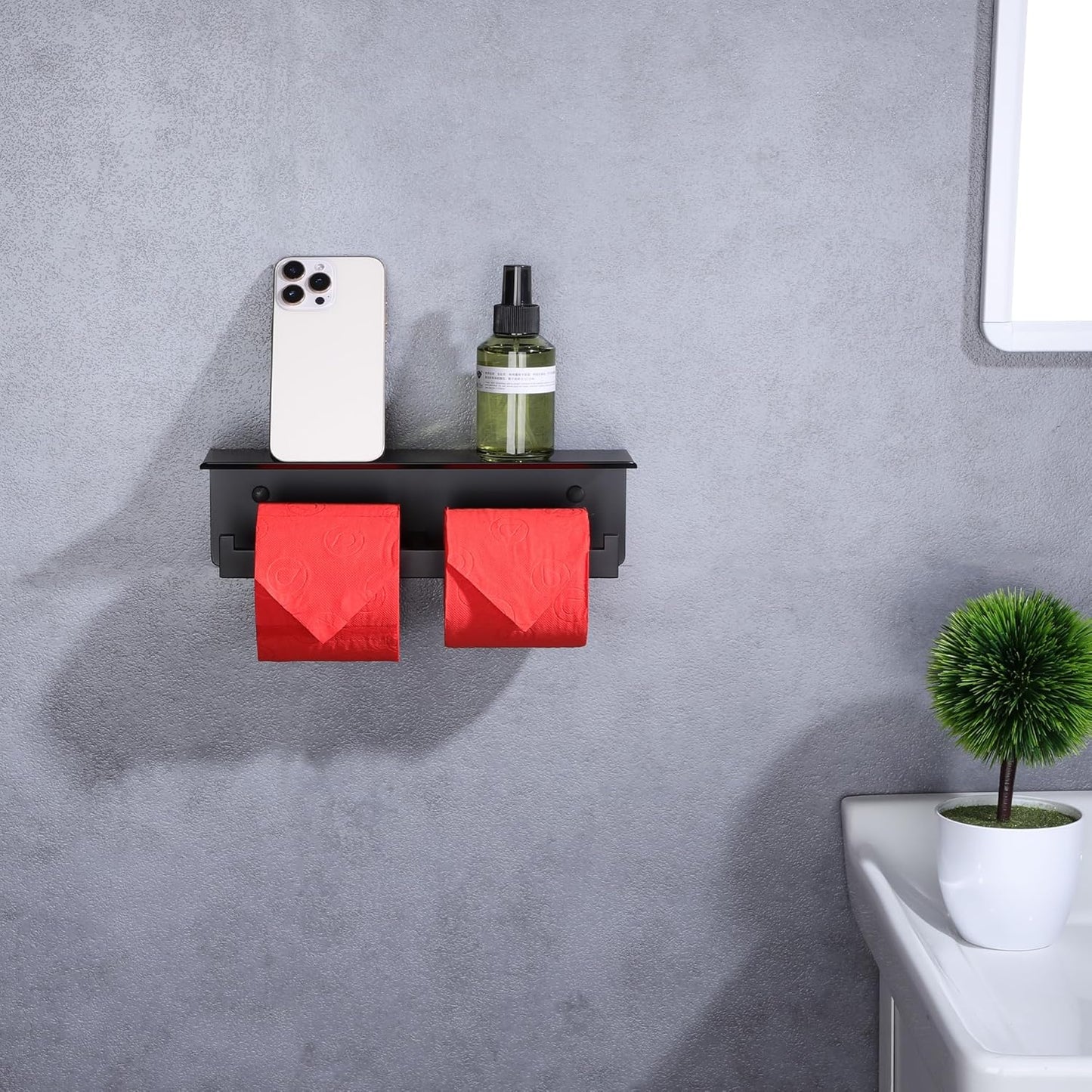LANC Double Toilet Paper Holder with Shelf, Matte Black Commercial Roll Tissue Dispenser with Phone Shelf for Bathroom Wall Mounted or 3M Self-Adhesive Stainless Steel Storage, A8377MB