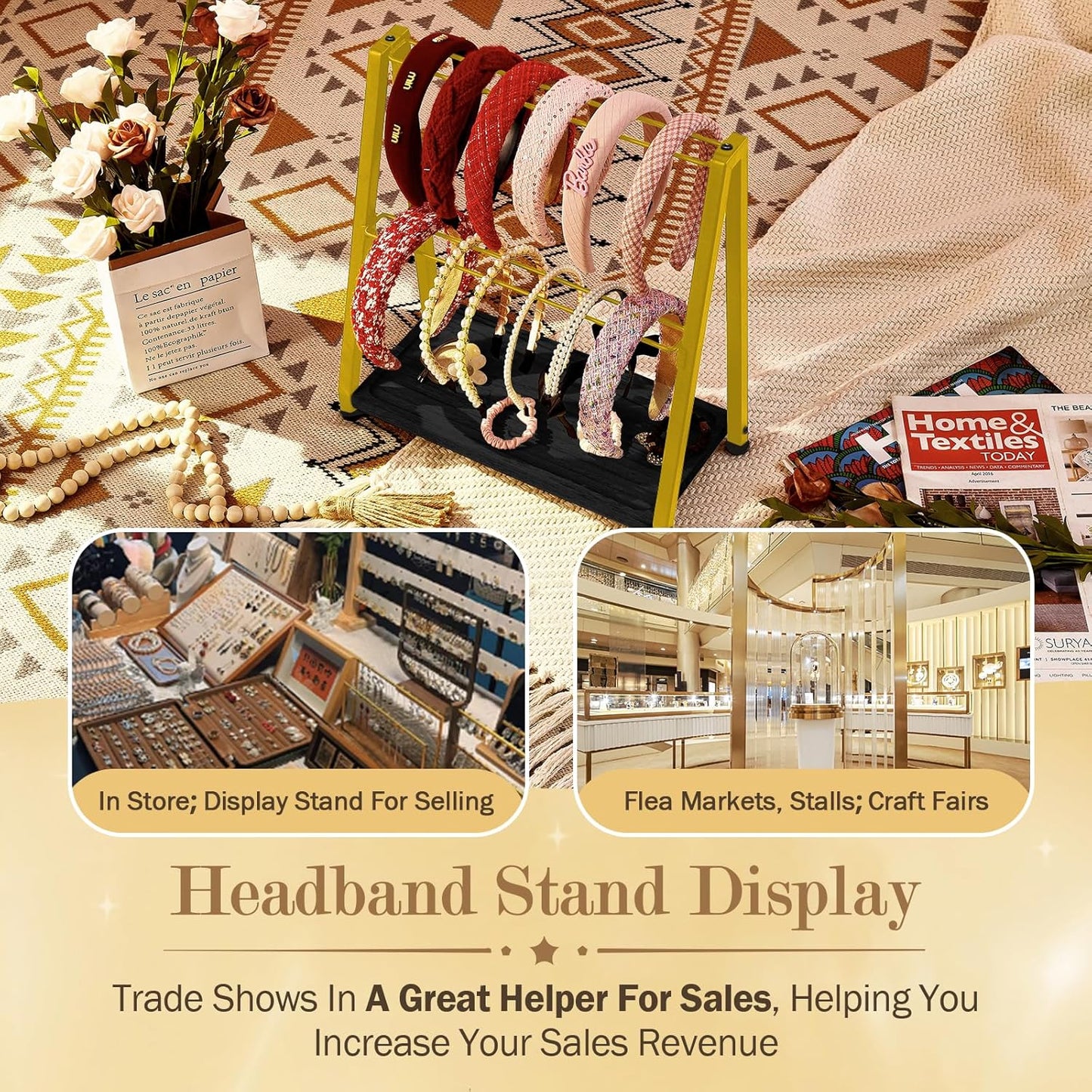 Headband Holder Organizer Metal 2-Tier Display Stand for Selling, Home Bedroom Headband Storage for Girls Women, Headband Stand Wood Base Can Store Hair Ties