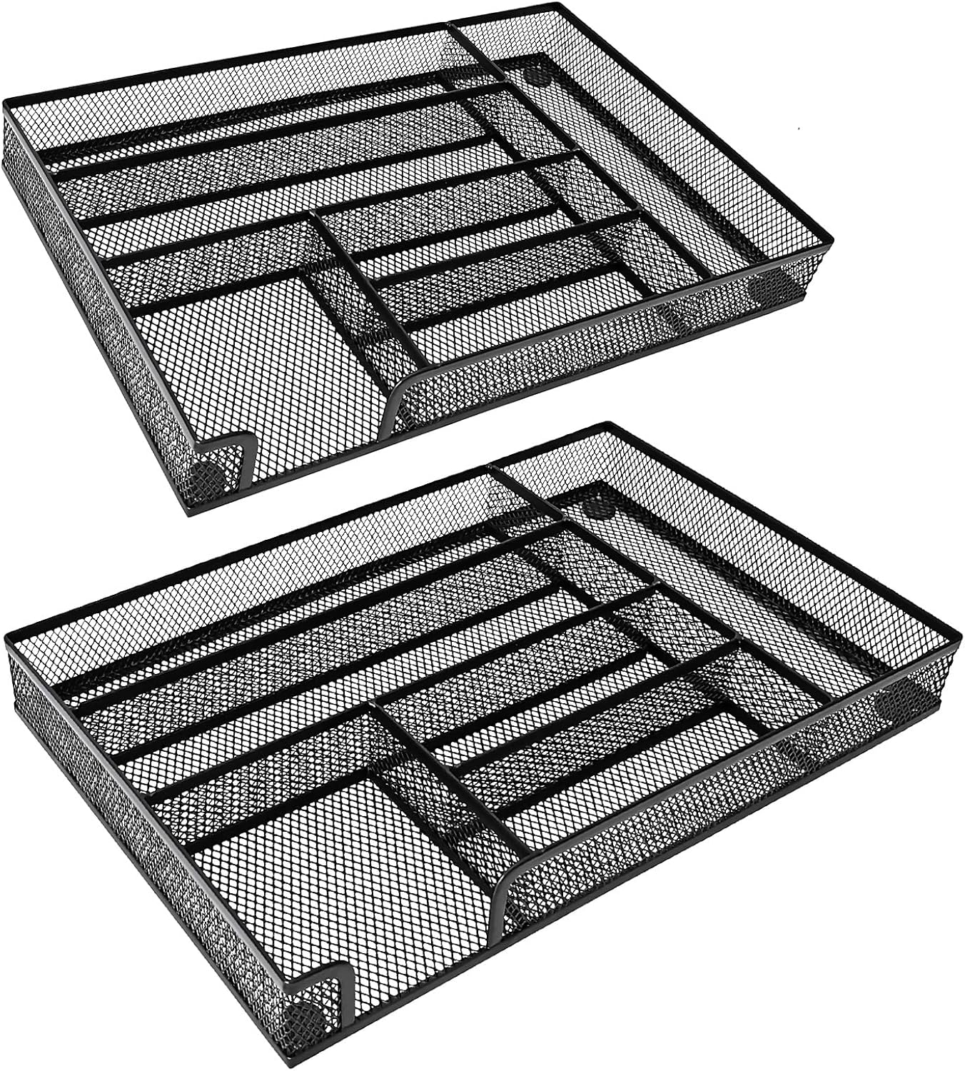 2-Pack Metal Mesh Desk Drawer Organizer Tray Set, 6-Compartment Office Drawer Organizer for Pens Supplies, 12.6"x8.27"x1.57" Black