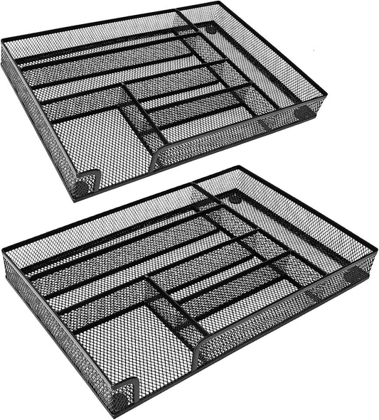 2-Pack Metal Mesh Desk Drawer Organizer Tray Set, 6-Compartment Office Drawer Organizer for Pens Supplies, 12.6"x8.27"x1.57" Black