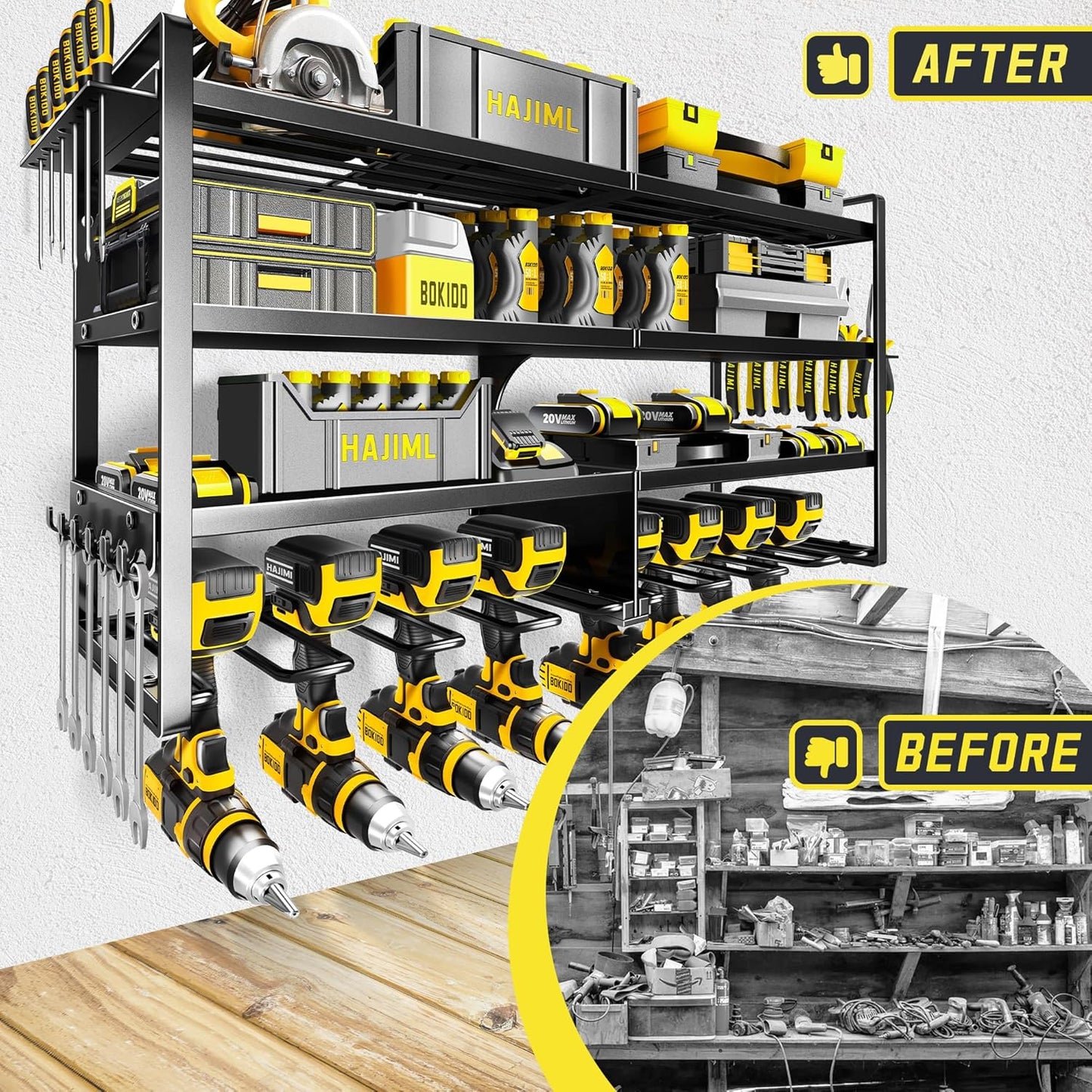 Power Tool Organizer Wall Mount,4 Layers Heavy Duty Storage Rack with 8 Drill Holder, Easy Installation, Tool Organizer Wall Mount for Garage Workshop and Home Organization.