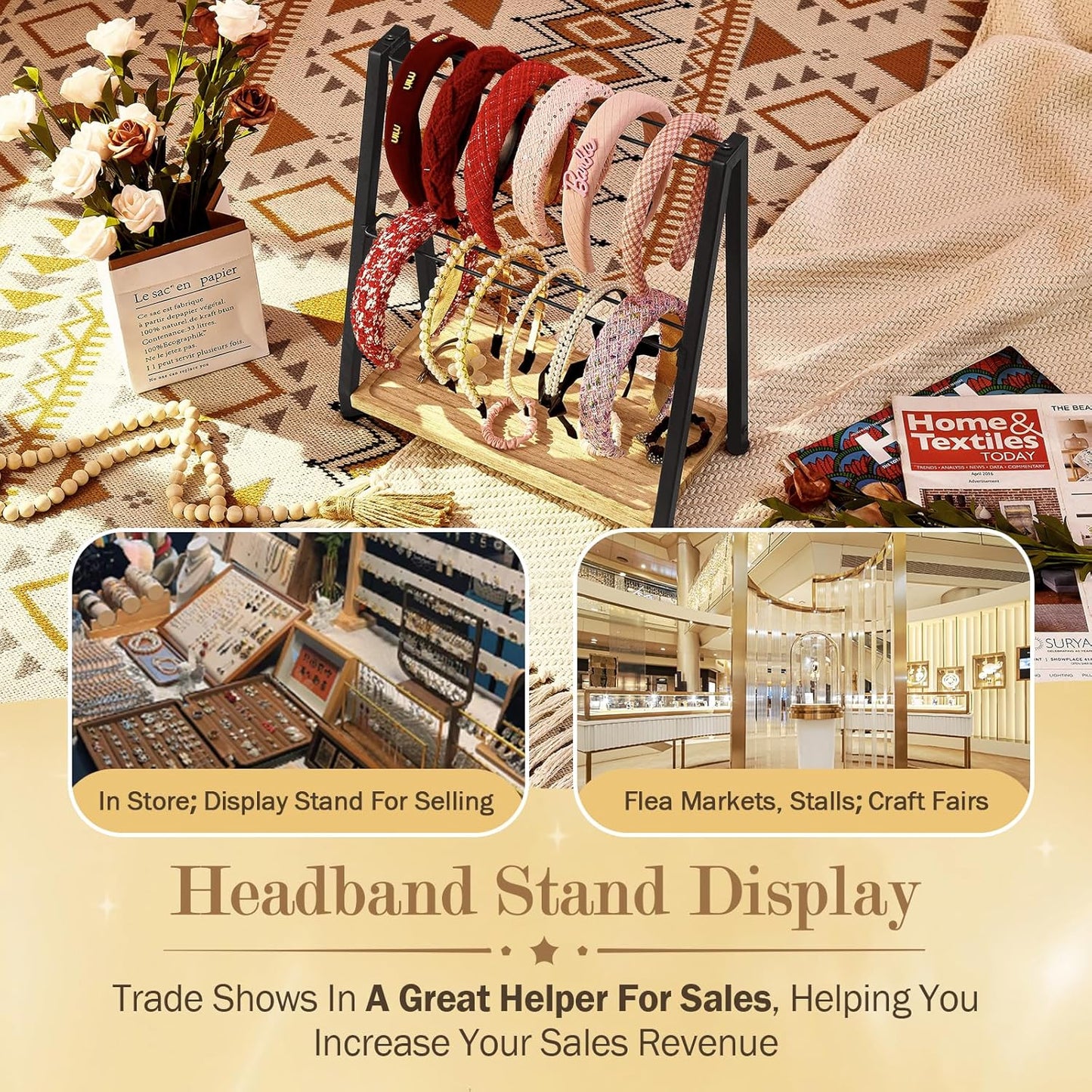 Headband Holder Organizer Metal 2-Tier Display Stand for Selling, Home Bedroom Headband Storage for Girls Women, Headband Stand Wood Base Can Store Hair Ties, Black