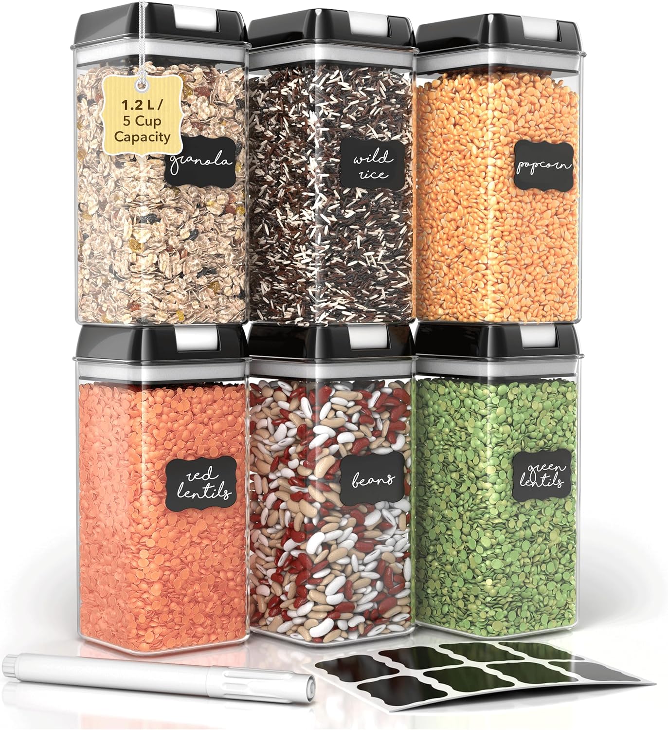 Simply Gourmet Airtight Food Storage Containers with Lids – 6 Piece Slim Kitchen Pantry Organization Set, 5 Cup Capacity, BPA-Free Clear Plastic, Stackable Containers for Flour, Sugar, Rice, Snacks