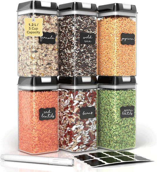 Simply Gourmet Airtight Food Storage Containers with Lids – 6 Piece Slim Kitchen Pantry Organization Set, 5 Cup Capacity, BPA-Free Clear Plastic, Stackable Containers for Flour, Sugar, Rice, Snacks