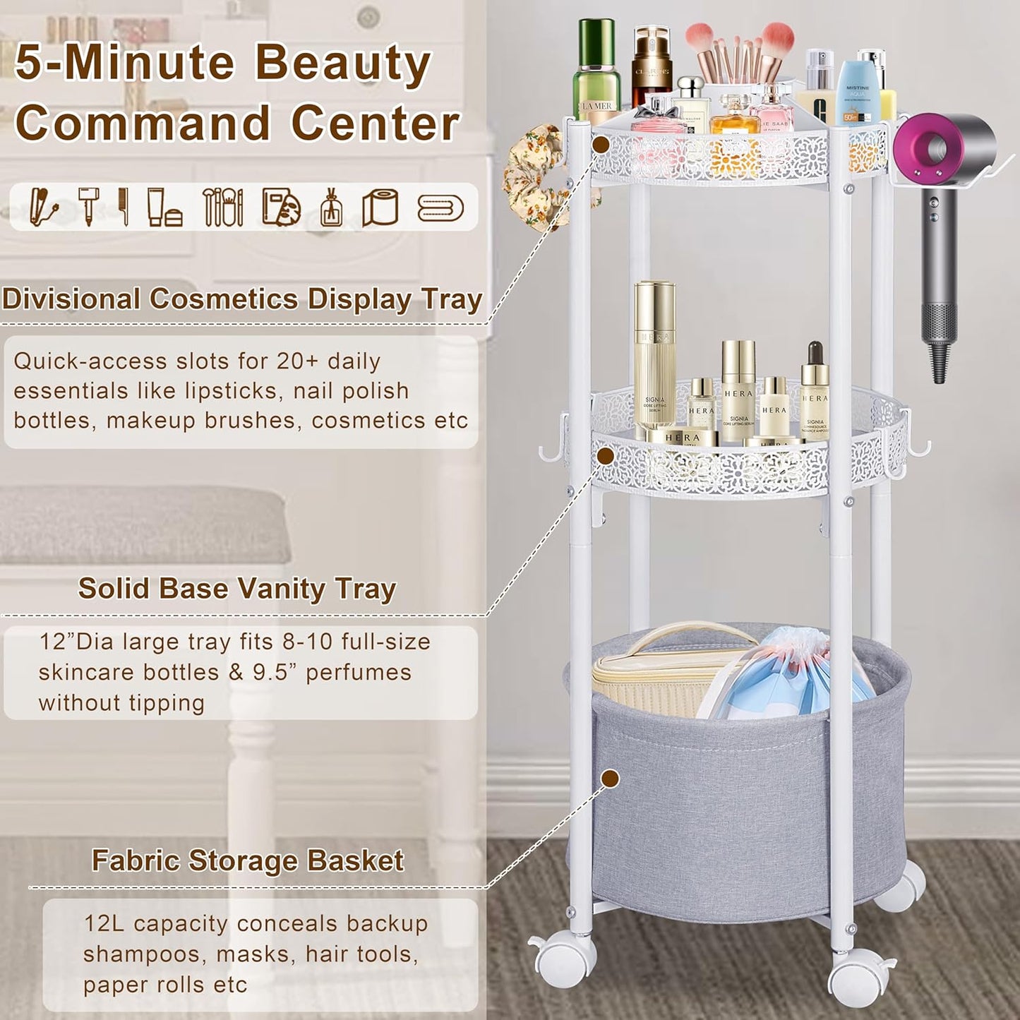 Rolling Makeup Cart Organizer with Removable Hair Dryer Holder, 3 Tier Round Floor Makeup Organizer with Wheels for Cosmetic, Perfume, Nail Polish, Small Space Bathroom Storage Cart, White
