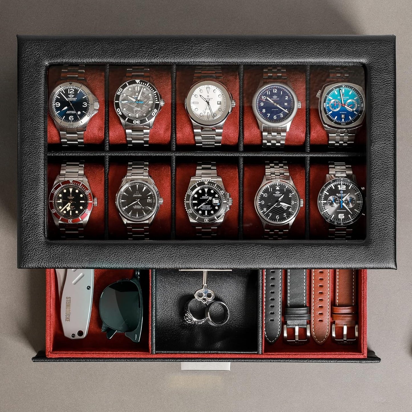 ROTHWELL 10-Slot Watch Box in Leather with Valet Drawer, Luxury Watch Case Display Organizer with Ultra Soft Microsuede Liner, Jewelry and Sunglass Holder With Large Glass top (Black/Red)