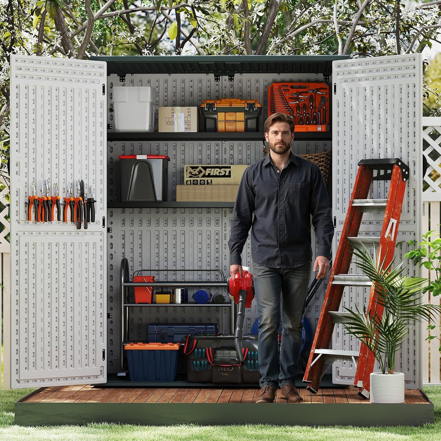 EHHLY 60 Cuft Outdoor Storage Shed Shelf, Outdoor Storage Cabinet Metal Shelves for 4.5x2.3 Ft Shed, Vertical Resin Storage Shed Accessories, Black