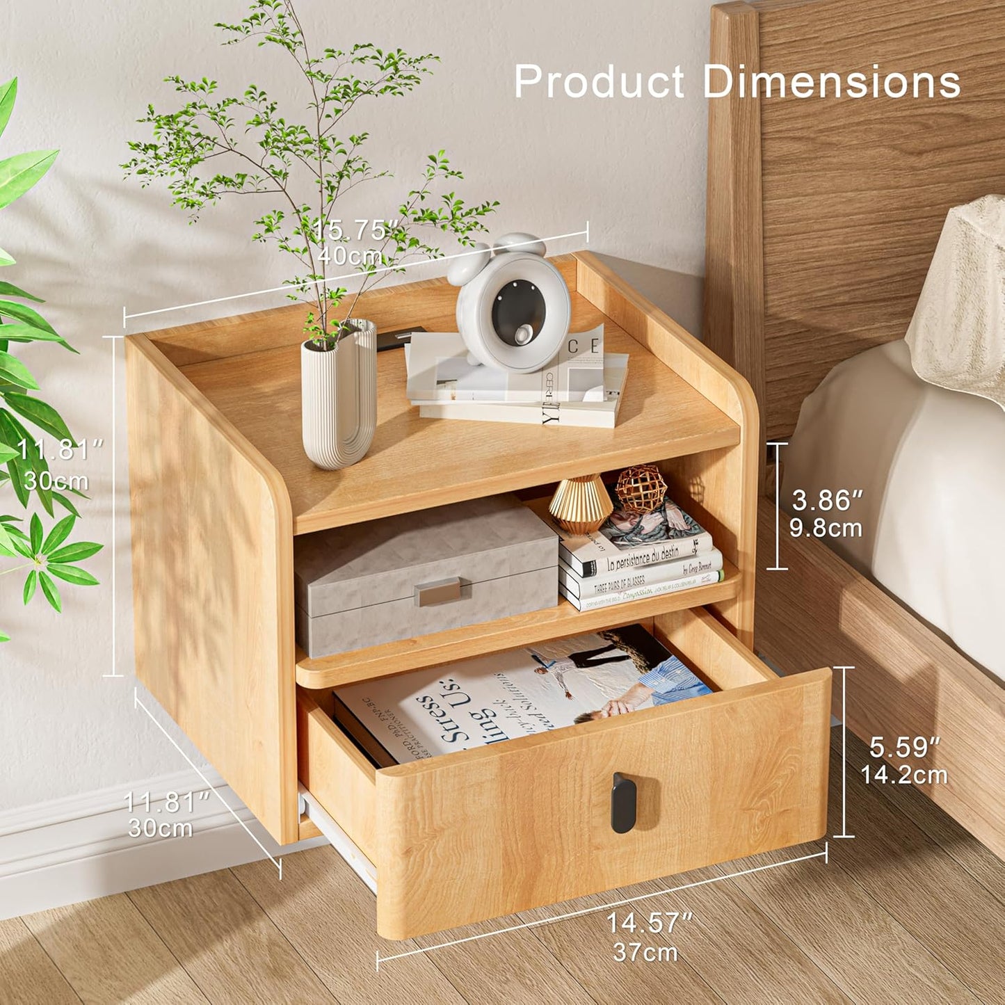 Floating Nightstand Set of 2, Modern Wall Mount Bedside Table with Drawer & Open Shelf, Space-Saving Night Stands with Charging Station, Natural Wood Finish for Bedroom