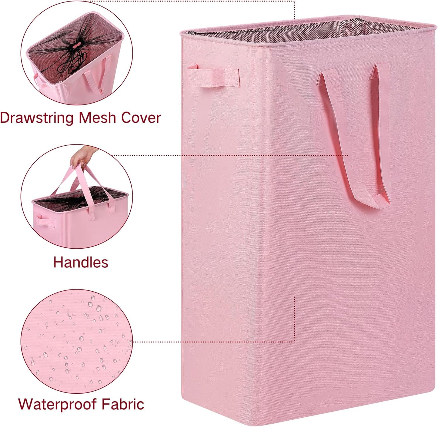 efluky Slim Laundry Basket, Narrow Laundry Hamper with Handles, Collapsible Dirty Clothes Hamper, Tall Laundry Bin for Laundry Room, Dorm and Bedroom, 19.8 Gallon (75L) Pink