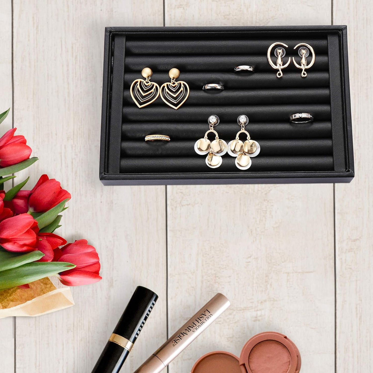 Velvet 7 Slots Ring Earrings Trays Showcase Display Jewelry Organizer (PU Leather)