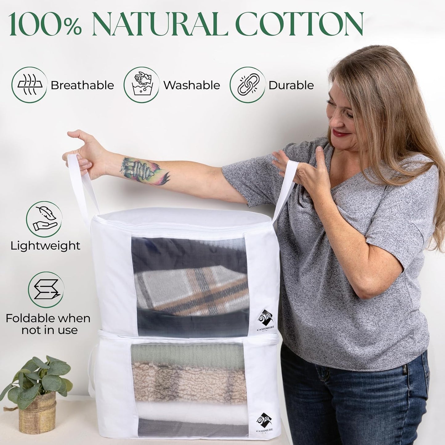 Sweater Storage for Closet – 2 Large Cotton Garment Bags, 30 Cedar Rings, & Mesh Window for Cashmere Sweaters – Wool & Cotton Sweater Organizer by Cashmere Kiwi, 15 x 11 x 9 In