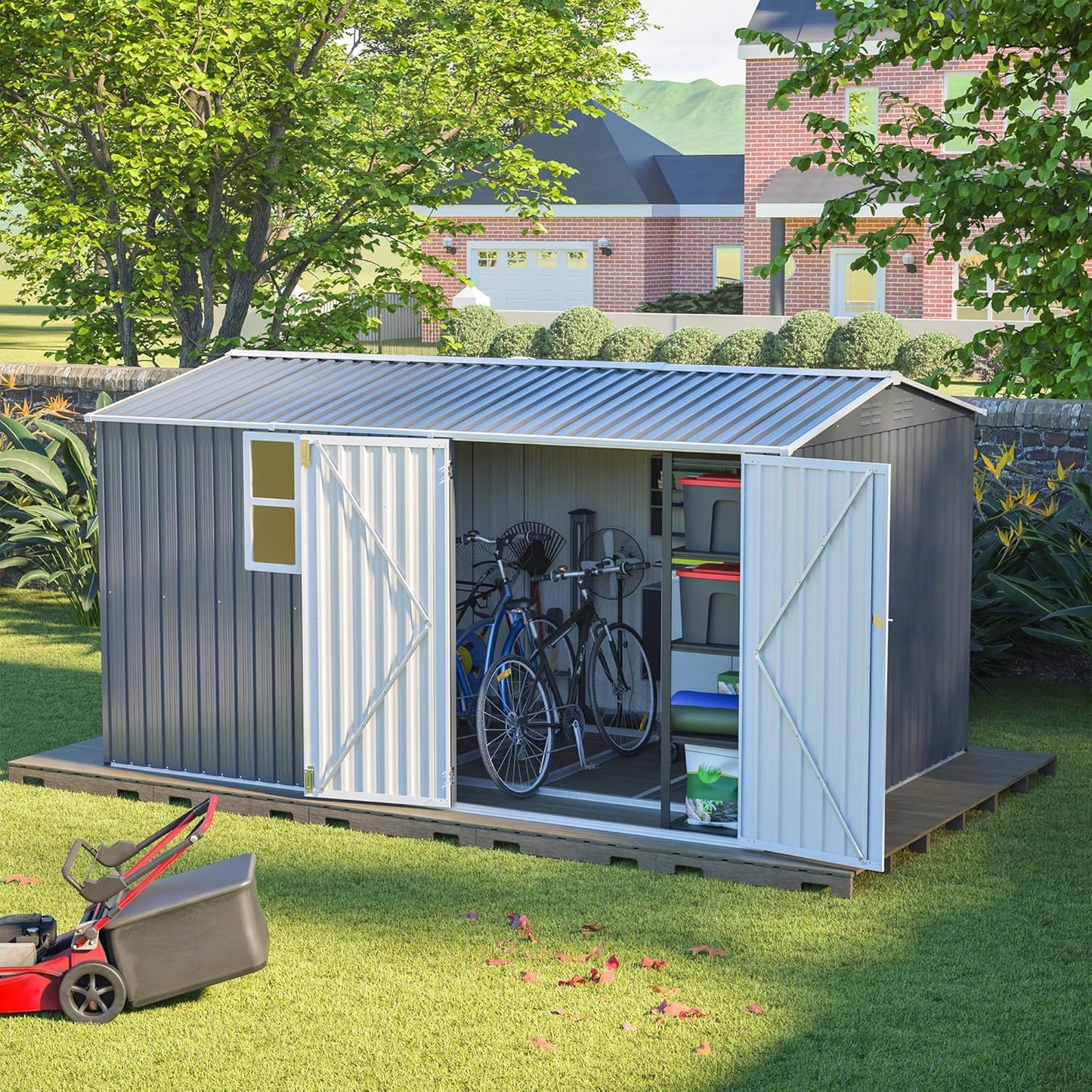 8x12 FT Outdoor Metal Storage Shed with Window & Floor Frame, Lockable Double Doors, Weatherproof Steel Tool Shed for Garden, Backyard, Lawn Equipment, and Patio Storage