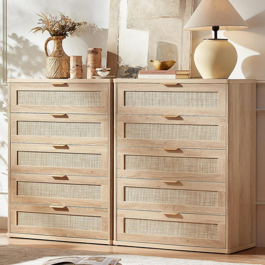 LEYAOYAO Rattan Dresser for Bedroom Set 2, 41" Tall Dressers Chest of Drawers, Boho Small Dressers with 5 Drawers, Natural Wood Dresser Wooden Closet Organizer for Living Room, Hallway