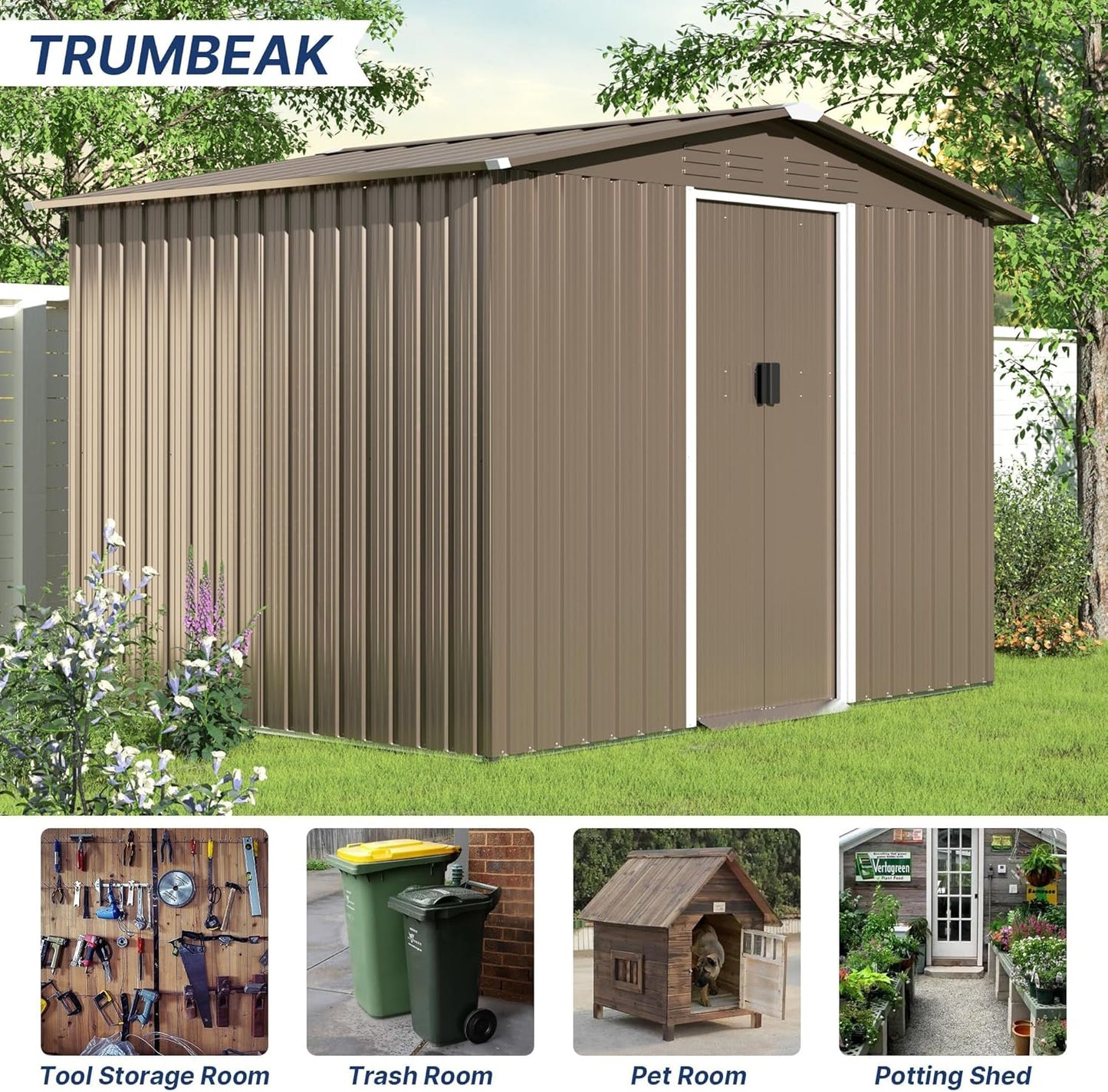 8x6FT Outdoor Storage Shed with Floor,Lockable Sliding Doors Outdoor Waterproof Tool Storage Sheds,Metal Storage Shed for Garden, Patio, Backyard(Brown)