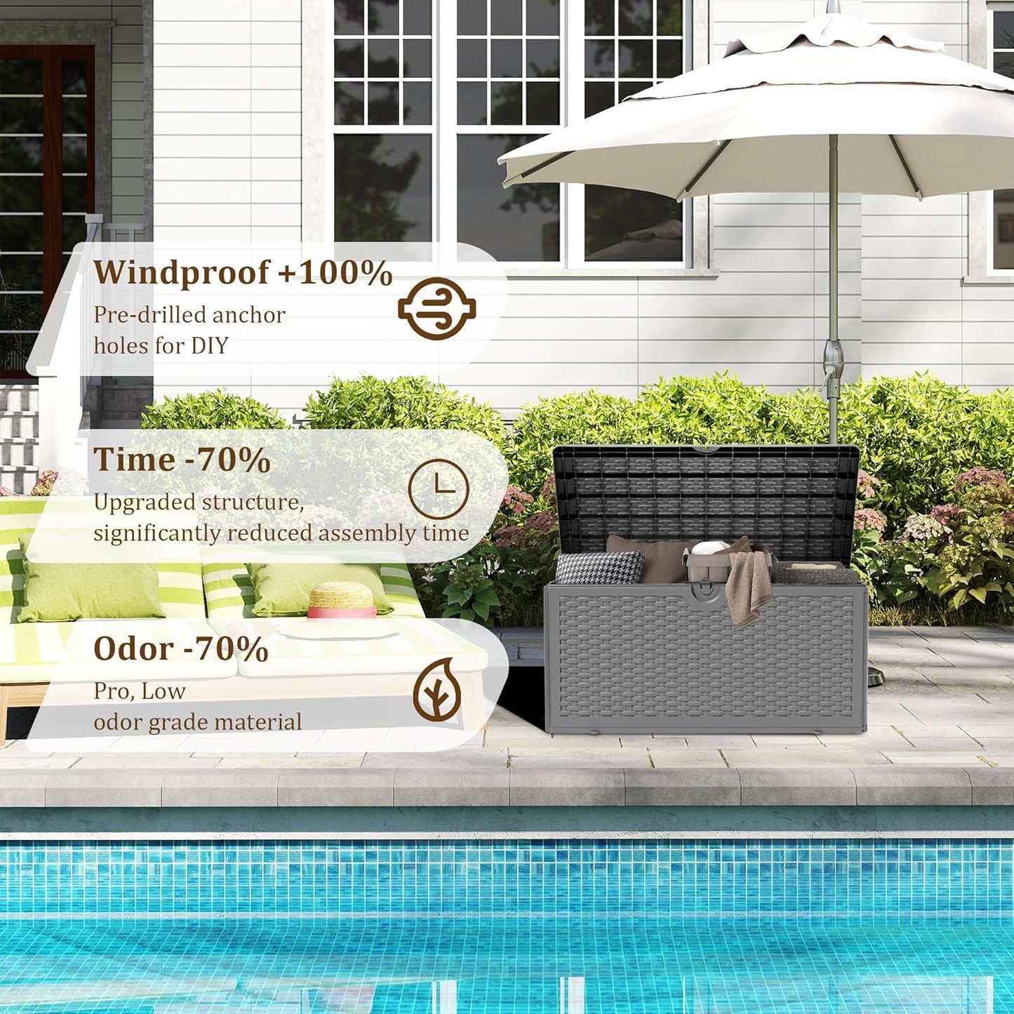90 Gallon Plus Outdoor Storage Box Waterproof Lockable Resin Deck Box Large, Patio Storage Bin for Pool Accessories Cushion Furniture, Garden Tools, UV-Resistant Outside Delivery Black