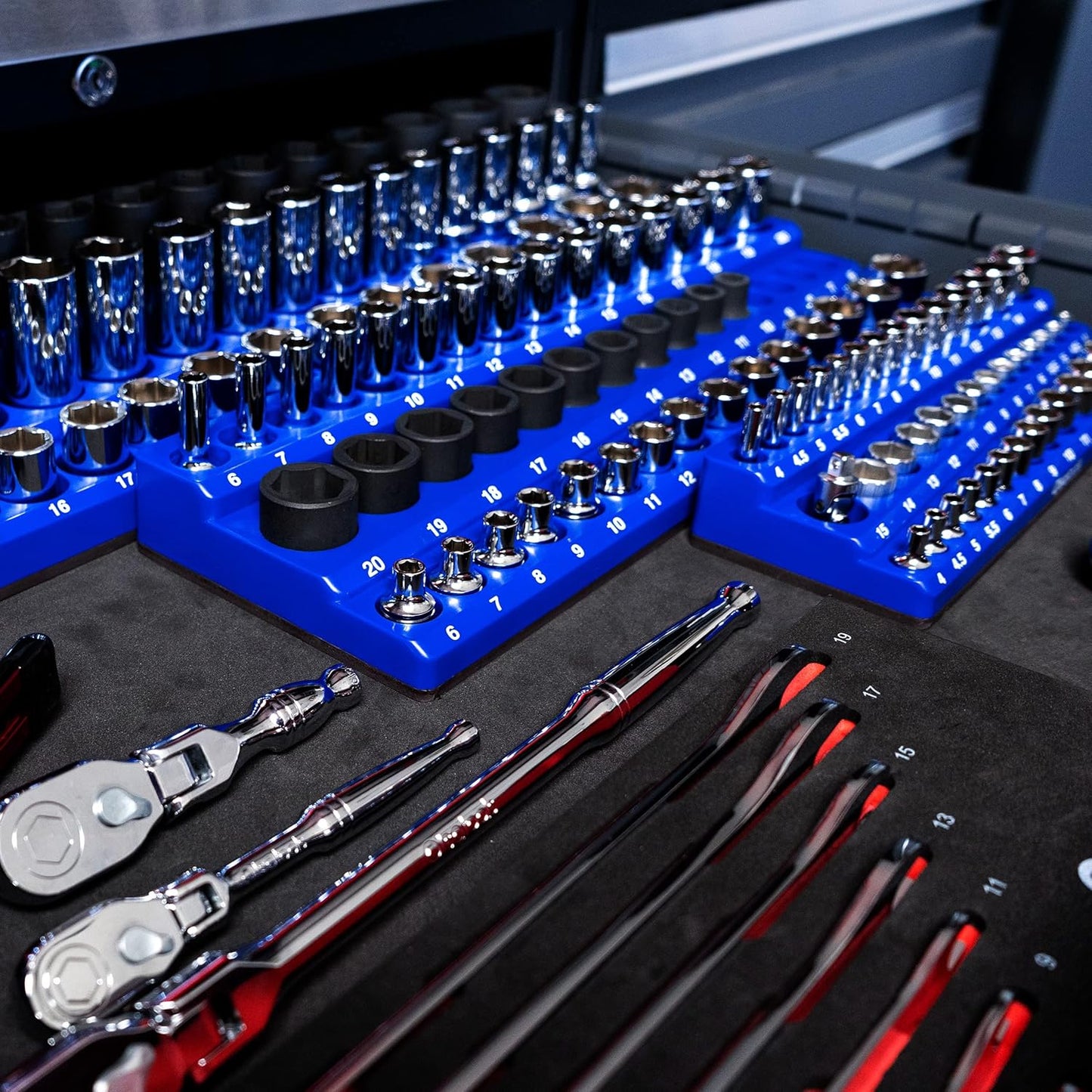 Olsa Tools Magnetic Socket Organizer (1/2-Inch Drive, 3 Row) - Magnetic Tool Organizer & Socket Holder - Tool Box Socket Organizers - Metric Blue - Holds 54 Sockets - Professional Grade - Part: 1555