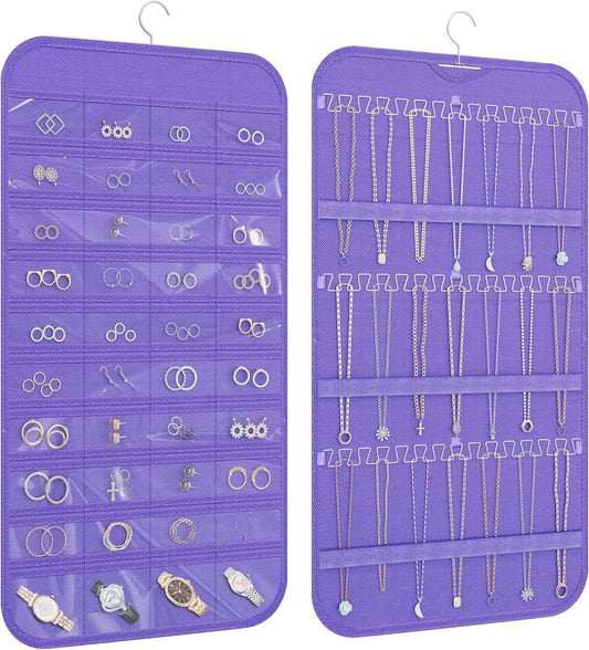 Hanging Jewelry Organizer Storage, 40 Pockets 36 Hooks Necklace Earring Necklace Bracelet Ring Organizer, Double - Sided Design, Purple