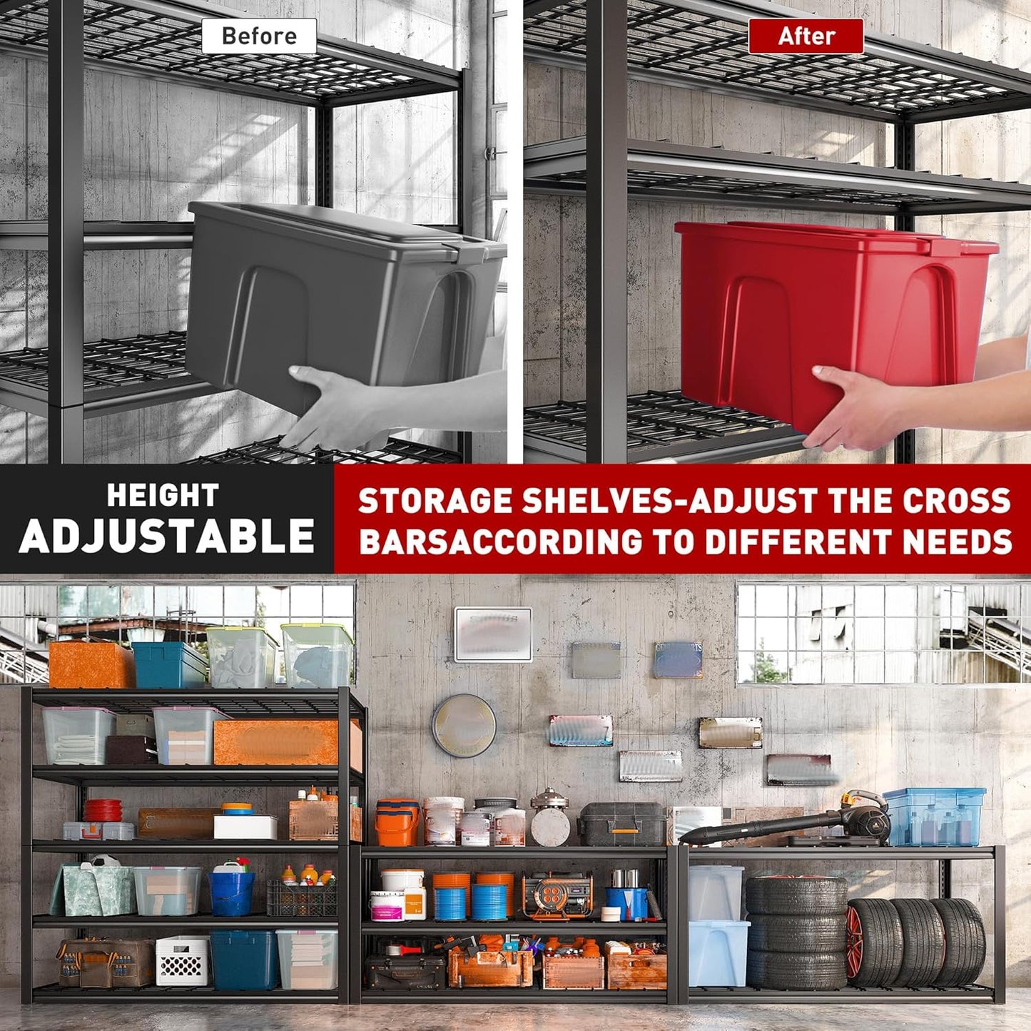 REIBII 48.2''W Garage Shelving Heavy Duty Metal Shelving 3000LBS Storage Shelves Adjustable Metal Shelves Industrial 5 Tier Garage Shelf for Basement Pantry Warehouse Supermarket, 3 Pack