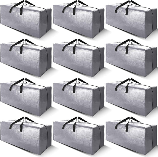 Cosy Family 12 Pack Heavy Duty Moving Bags with Backpack Straps - Strong Handles & Zippers, Storage Totes For Space Saving, Fold Flat, Alternative to Moving Box (X-Large-Set of 12, Silver)