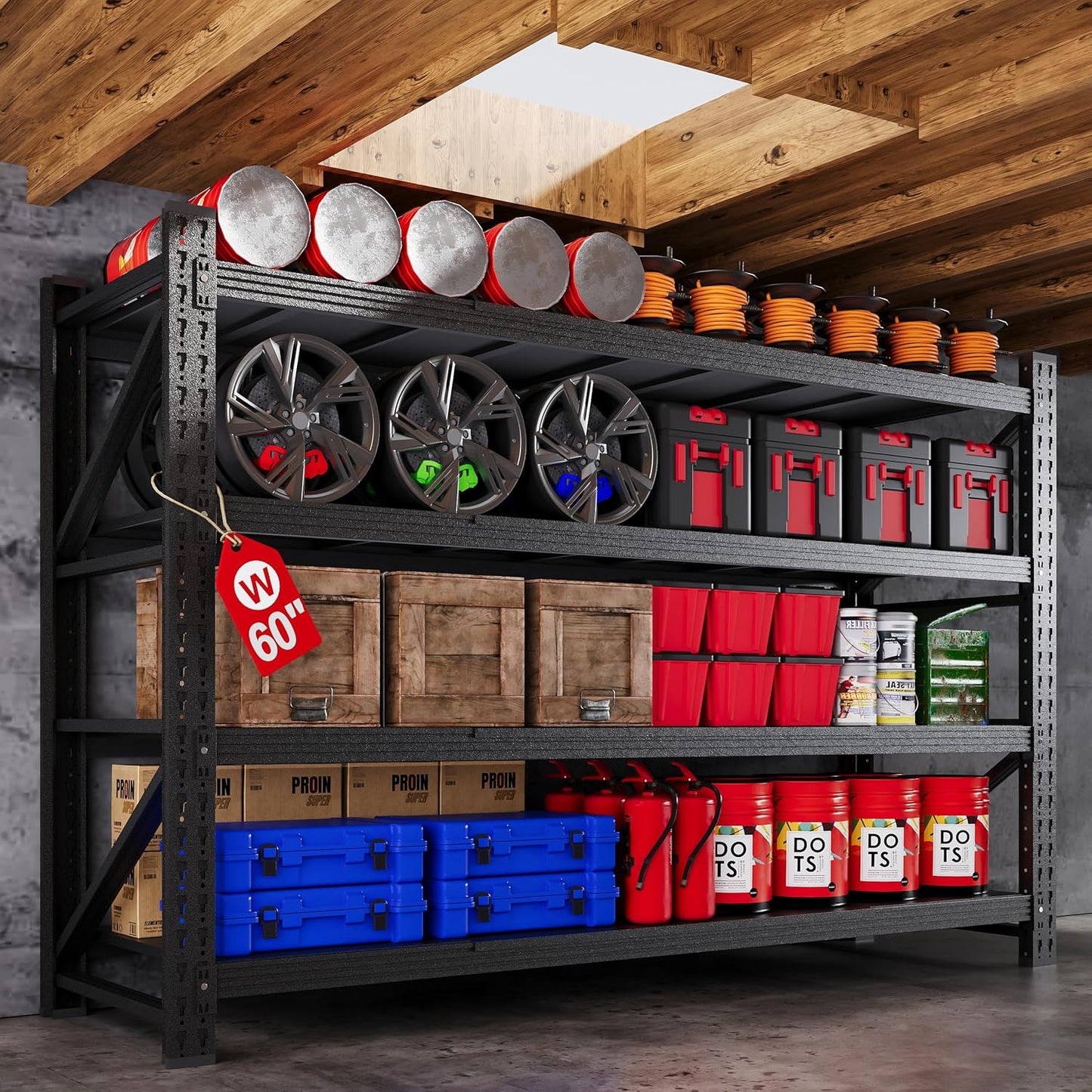 60"W Metal Shelving Units, 5000LBS Garage Shelving Heavy Duty, 24" Deep Large Storage Shelves, 4 Tier Tall Steel Industrial Shelving , Adjustable Standing Shelf for Warehouse / Shop 60"W x 24"D x 70"H
