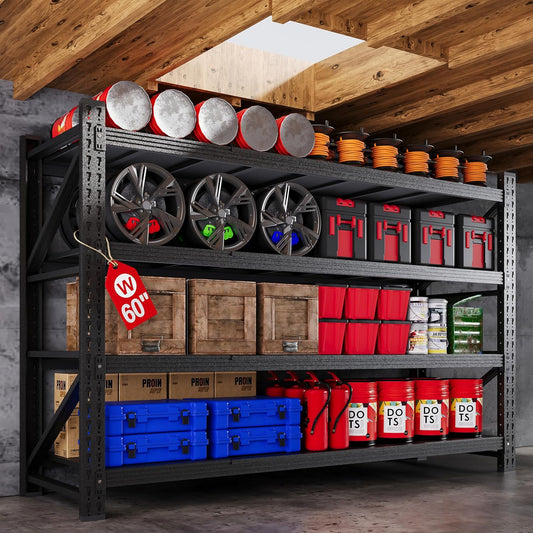 60"W Metal Shelving Units, 5000LBS Garage Shelving Heavy Duty, 24" Deep Large Storage Shelves, 4 Tier Tall Steel Industrial Shelving , Adjustable Standing Shelf for Warehouse / Shop 60"W x 24"D x 70"H