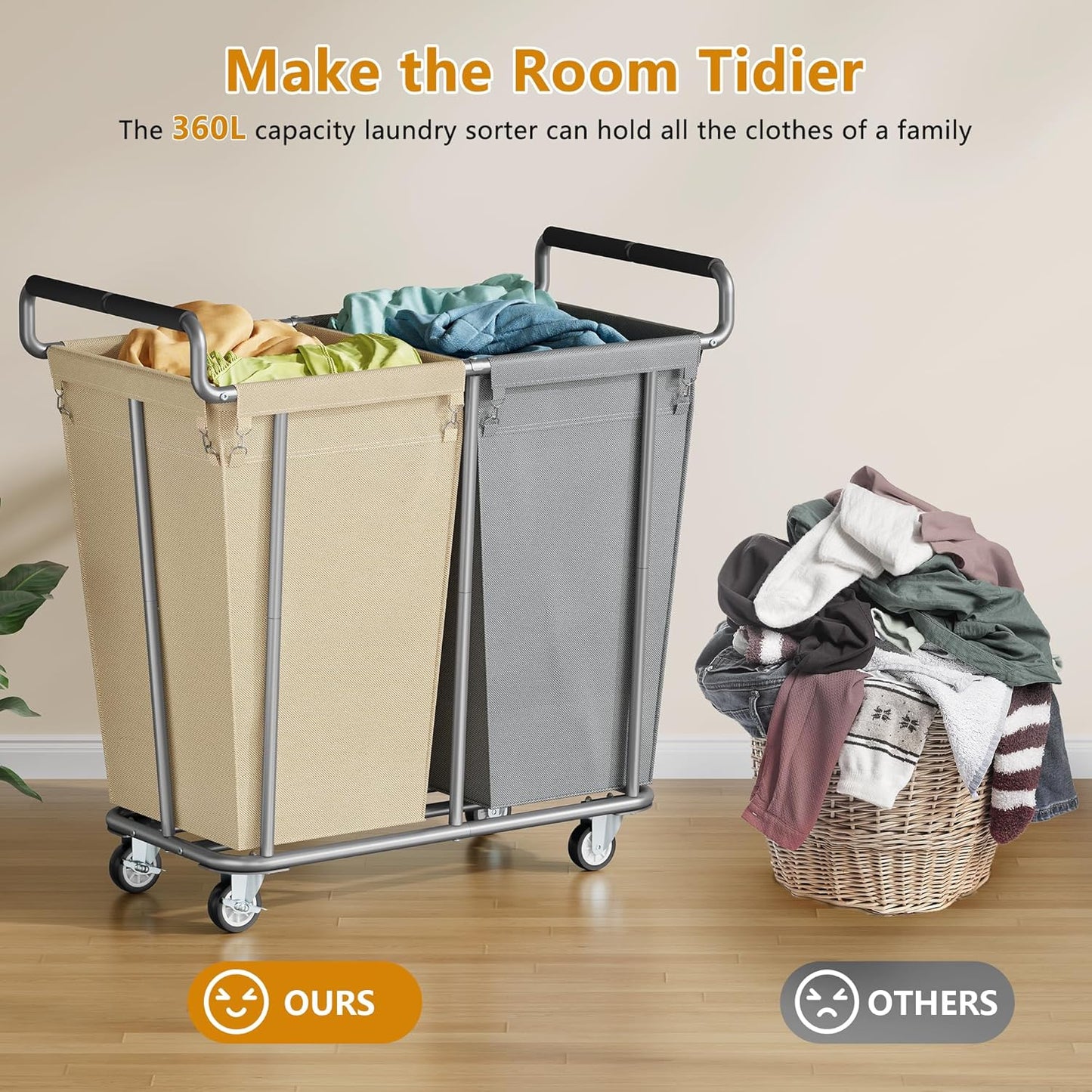 Large laundry hamper with Wheels, 2 Bag 360L Big Rolling Laundry Basket Sorter Cart, Extra Large Laundry Clothes Hamper, Heavy Duty Laundry Basket Organizer for Laundry Room,Bathroom