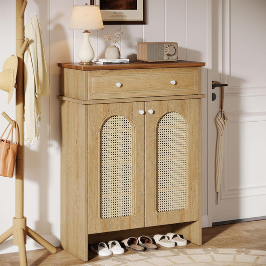 Tribesigns Shoe Cabinet with Doors, 6-Tier Shoe Rack with Drawer and Adjustable Shelves, 43.3" Tall Boho Farmhouse Shoe Storage Cabinet for Entryway, Hallway, Bedroom (Natural & Walnut)