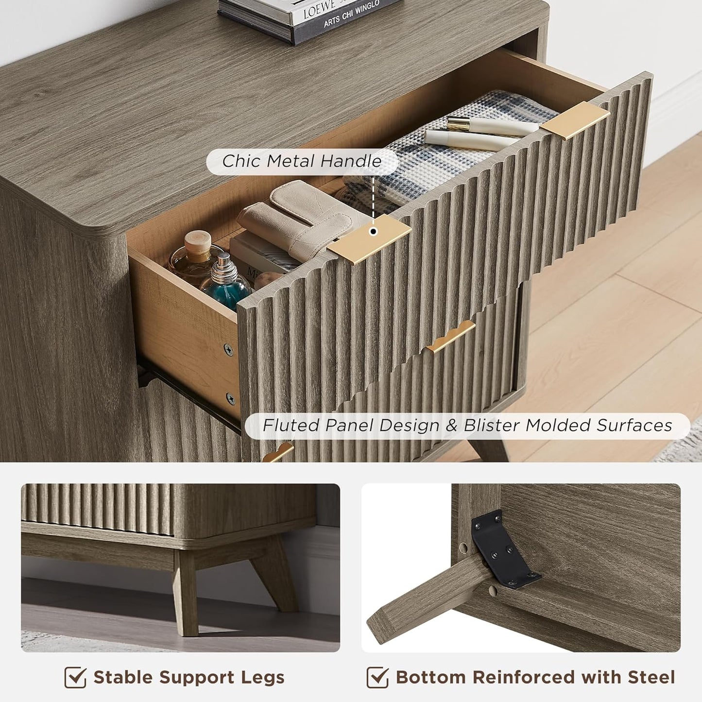 T4TREAM Fluted 3 Drawers Nightstand Set of 2, Oversized Extra Large Modern Side Table, End Table Bedside for Bedroom, Living Room, Curved Profile Design, Grey Alder