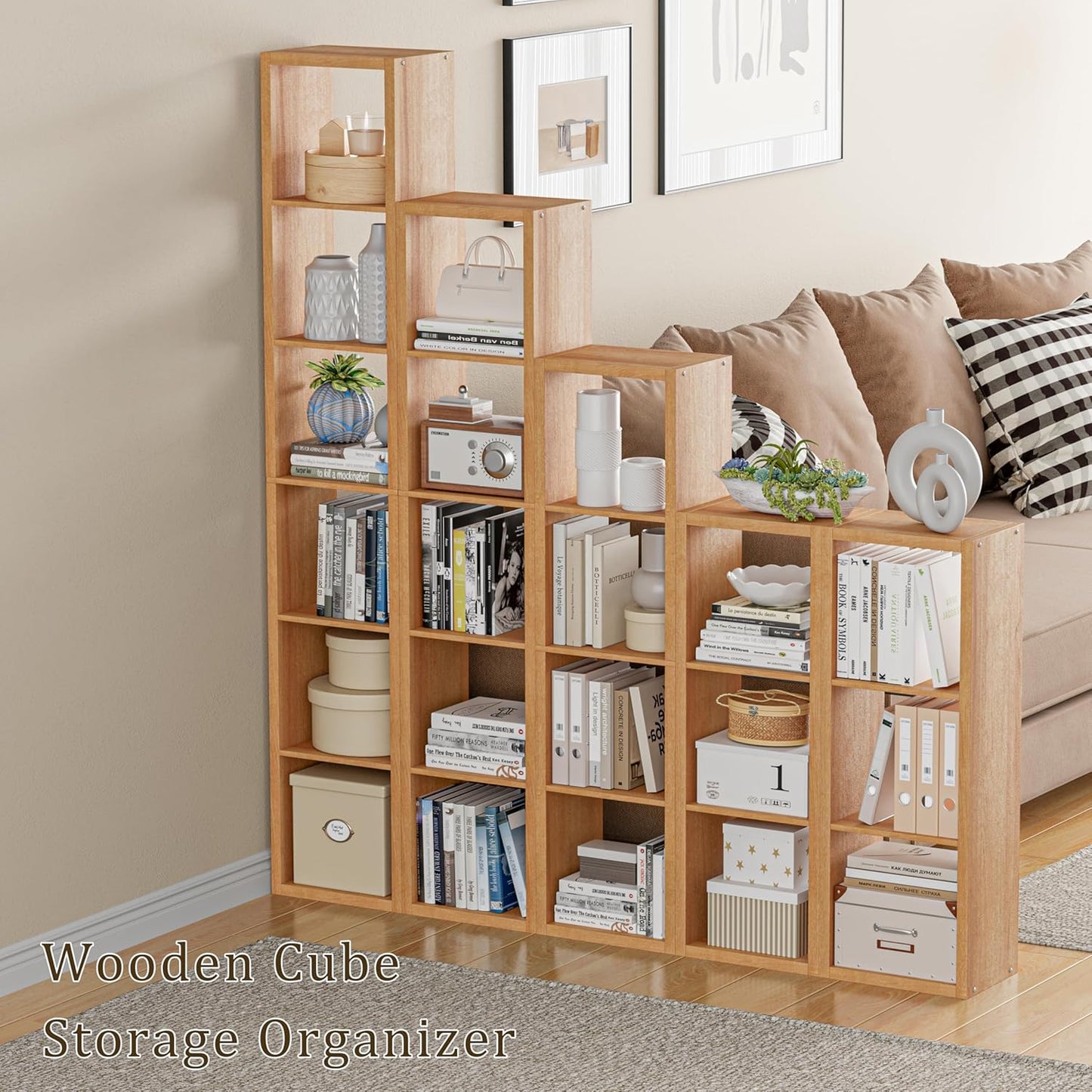 Cube Storage Organizer Bookcase, Small 4 Tier 11 inch Open Back Cubical Shelf with Thickened Border, Display Bookshelf for Living Room, Home Office, Sturdy Room (Natural Oak, 4 Cube,Vertical)
