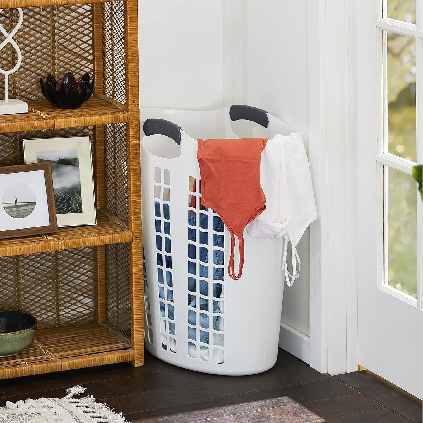 Gracious Living Easy Carry Flex Hamper, Large 87.5 Liter Lightweight Plastic Ventilated Laundry Basket Clothes Bin with Handles, White (2 Pack)