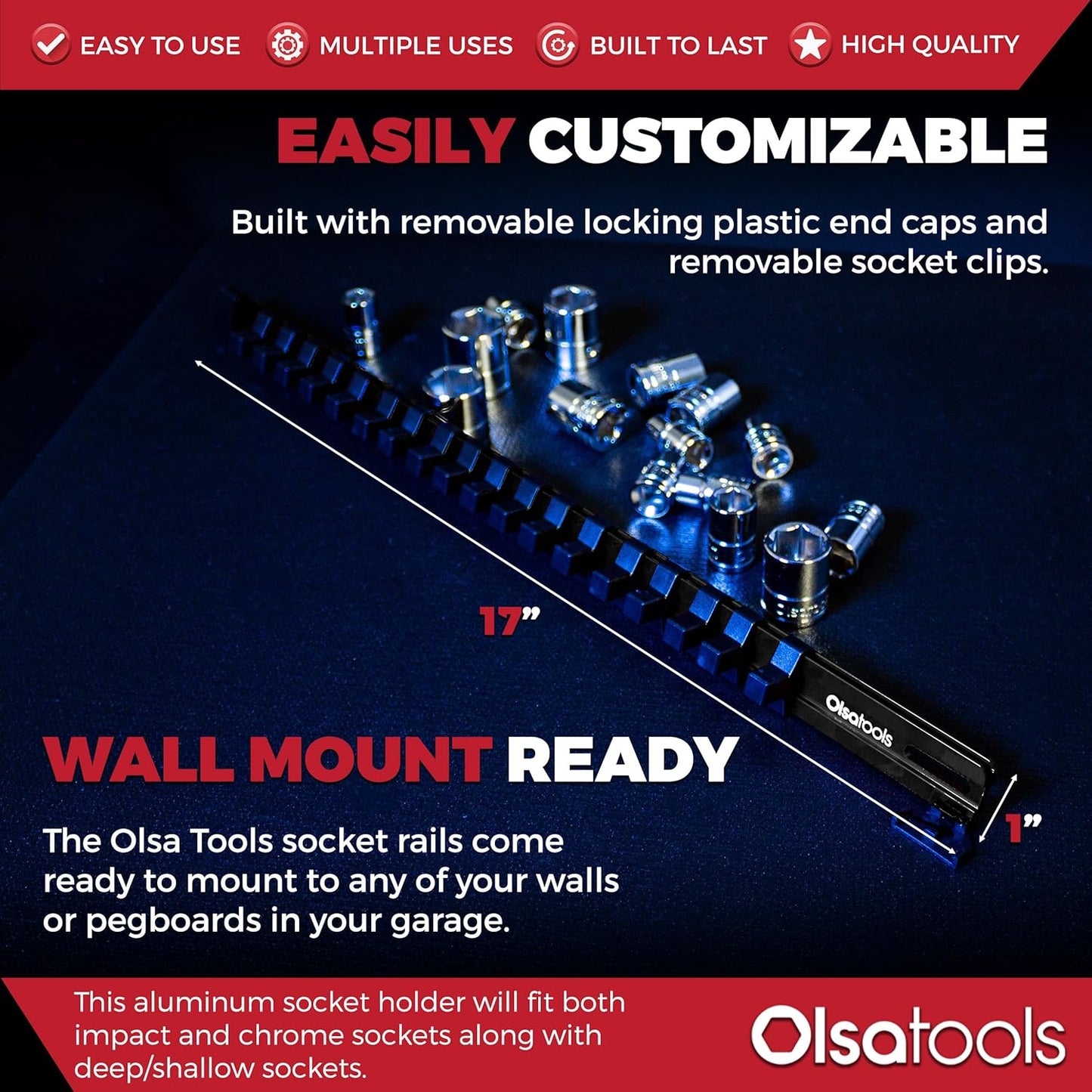 Olsa Tools Aluminum Socket Organizer with Locking End Caps - 3/8-Inch Drive - Black Socket Holder Rails for Chrome or Impact Sockets - Compact and Durable Socket Storage Solution - Part: 1179