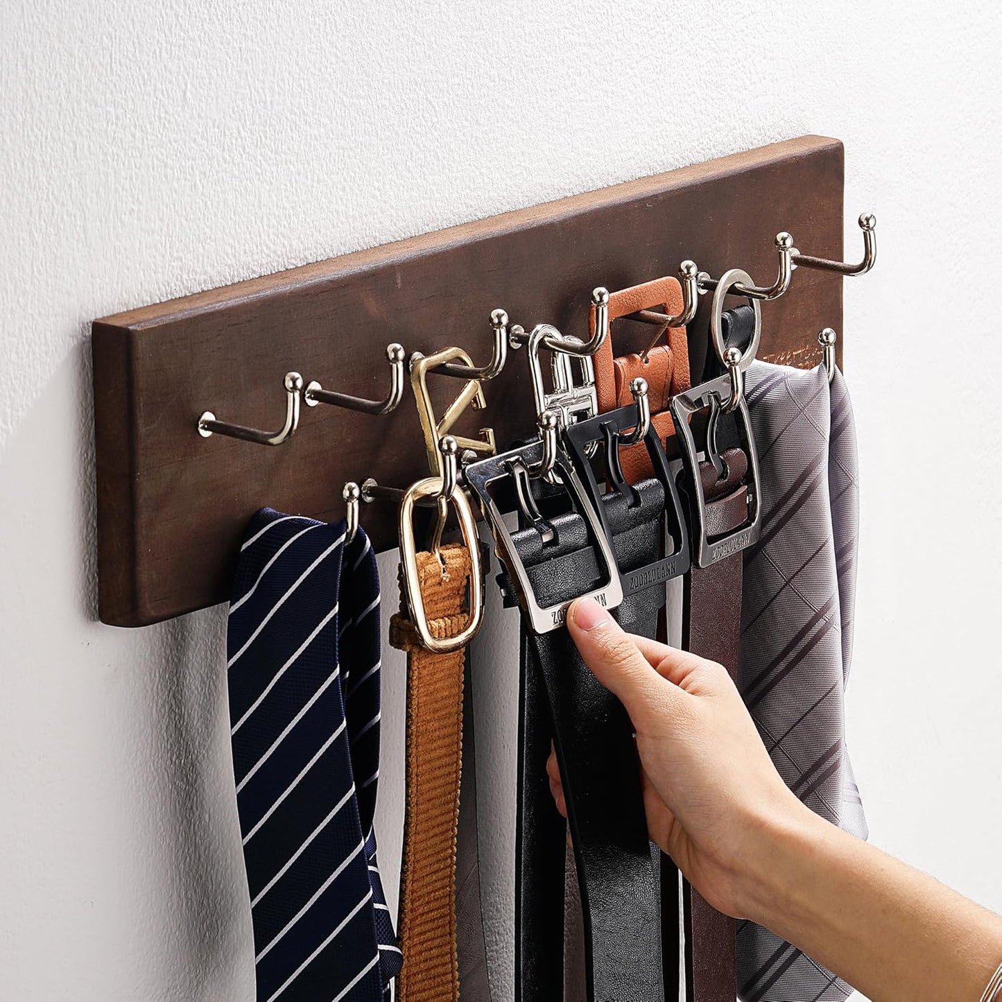 Treehouse Belt Organizer Rack, Holds Over 28 Large Belts, Sturdy Metal & Sturdy Wood Storage Holder for Closet, Versatile, Wall Mounted Belt & Tie Display Hanger for Bedroom - (Walnut) 4.25''Hx16''L